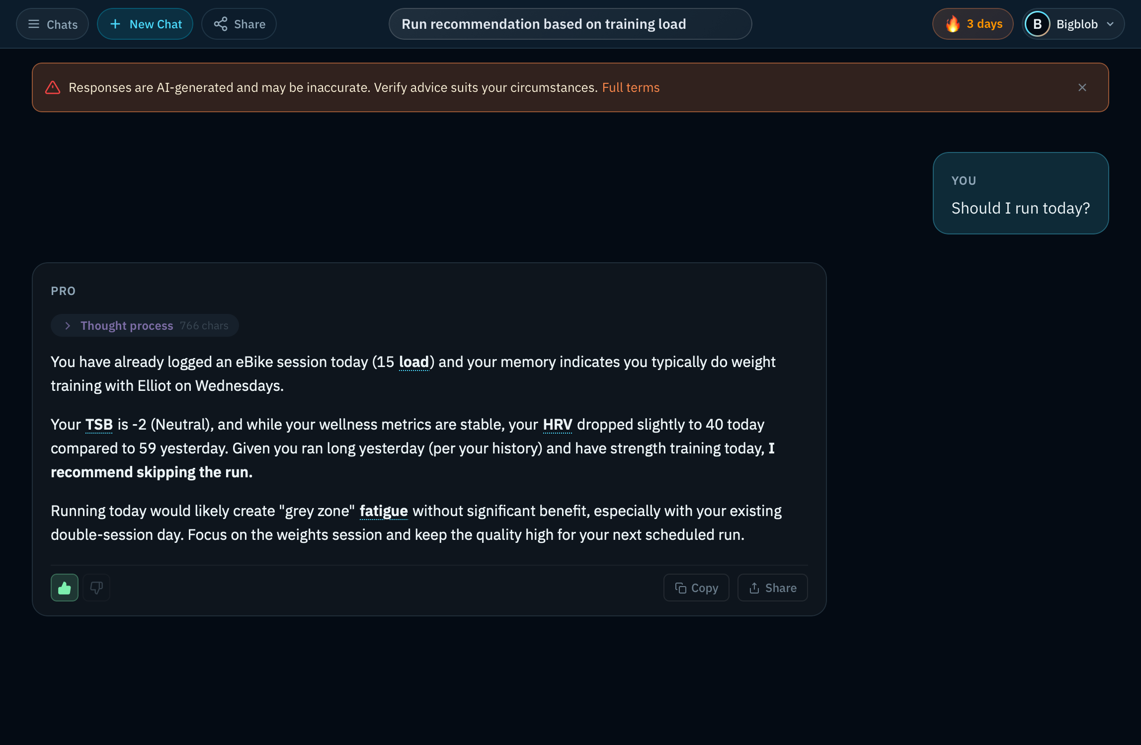 Real Intervals Pro chat: an athlete asks whether to run today and the AI answers with a data-backed recommendation citing TSB, HRV, and the athlete's training memory